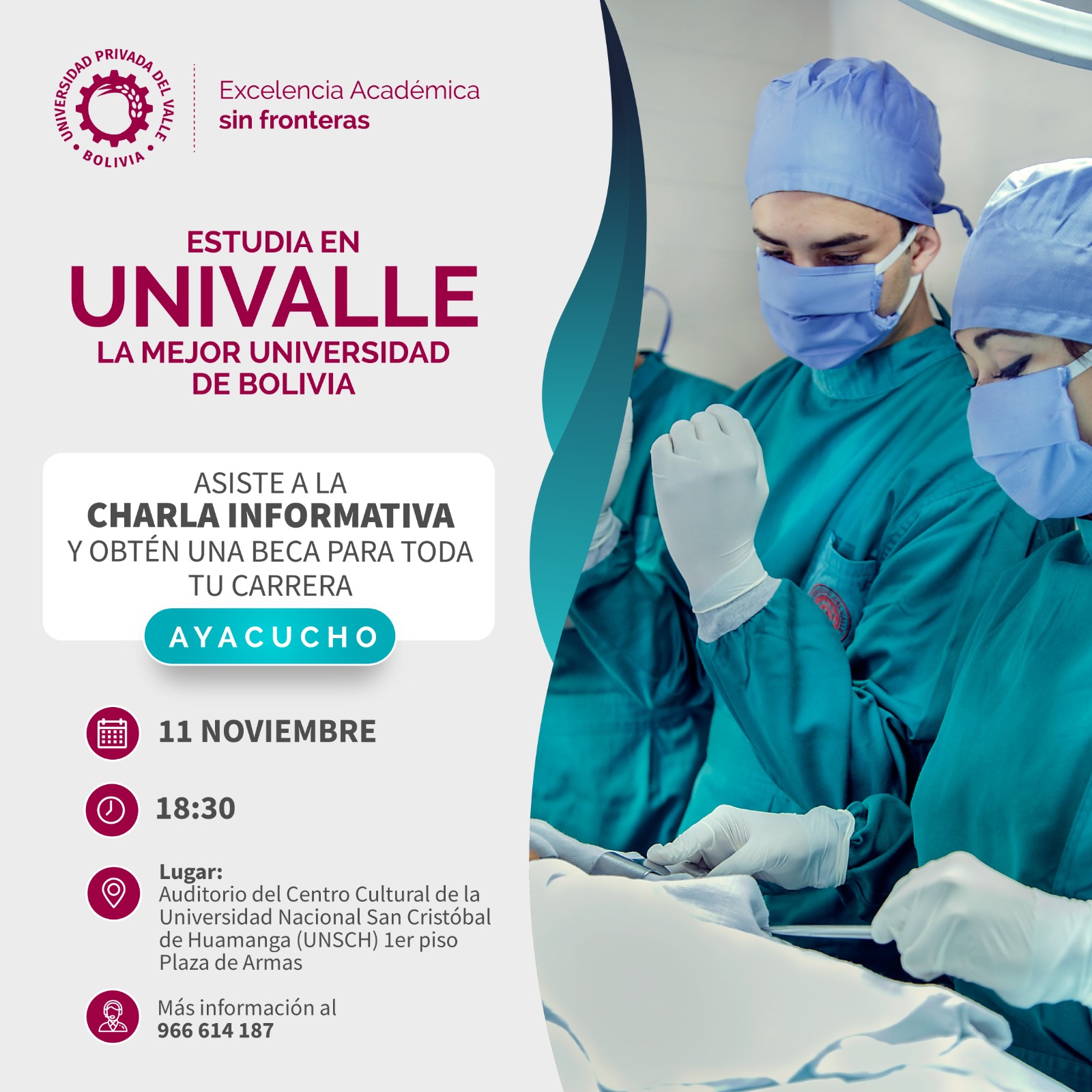 🔵 #Atención I Univalle te invita a una charla informativa exclusiva en Ayacucho, donde hablaremos sobre:• Acreditaciones internacionales.• Doble titulación e internacionalización• Proceso de ingreso directo.• Becas y beneficios para estudiantes peruanos.📌Martes 11 de noviembre , a las 18h30, en el Centro Cultural UNSCH Más información al 📱966614187🏫Univalle, excelencia académica sin fronteras